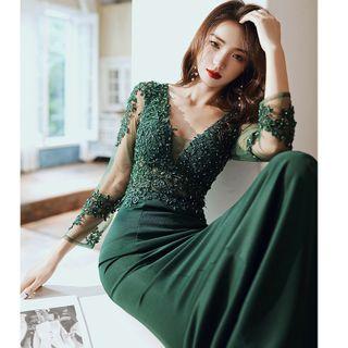 Embroidered Long-sleeve Mermaid Evening Gown
