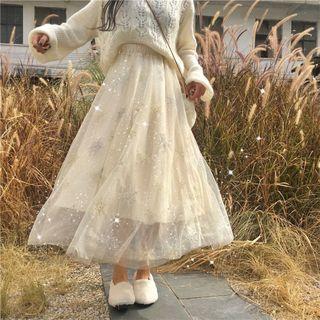 Glitter Midi A-line Mesh Skirt Almond - One Size