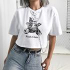 Bear Print Elbow-sleeve Cropped T-shirt