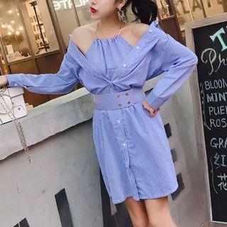 Off-shoulder Long-sleeved Striped Shirtdress Blue - One Size