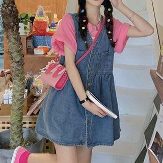 Short-sleeve T-shirt / Washed Denim Mini Overall Dress