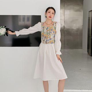 Long-sleeve A-line Dress / Floral Vest