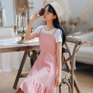 Set: Crew-neck Short-sleeve T-shirt + A-line Pinafore Dress