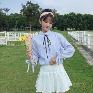 Stand-collar Long-sleeved Striped Bow Blouse