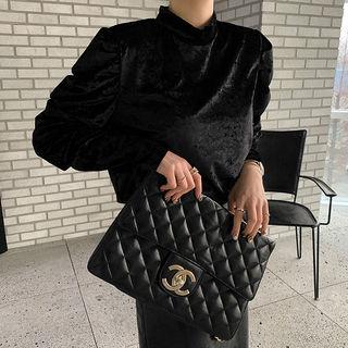 Mock-neck Puff-shoulder Velvet Top Black - One Size