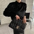 Mock-neck Puff-shoulder Velvet Top Black - One Size