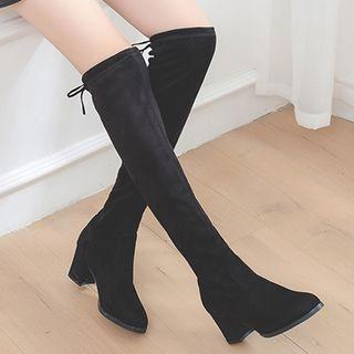 Elastic Faux Suede Back Tie Over-the-knee Block Heel Boots