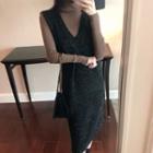 Turtleneck Knit Top / Sleeveless Glitter Midi Dress