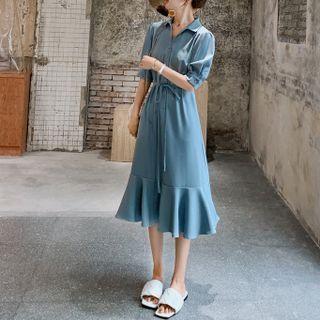 Elbow-sleeve Henley Midi Shirtdress