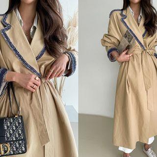 Fringed Denim-trim Wrap Trench Coat With Sash