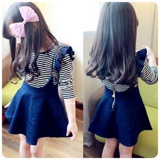 Set: Striped T-shirt + Denim Suspender Dress
