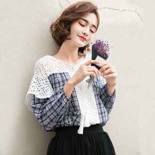 Perforated Panel Plaid 3/4 Sleeve Top