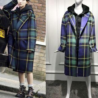 Set: Hooded Top + Plaid Long Coat