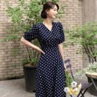 Puff-sleeve Flared Long Dotted Dress