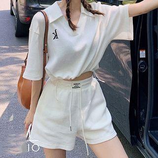 Set: Short Sleeve Letter Embroidered Polo Shirt + Drawstring Waist Sport Shorts