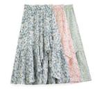 Floral Irregular Ruffle Trim Midi A-line Skirt