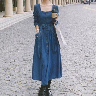 Long-sleeve Square-neck Belted Denim Midi A-line Dress
