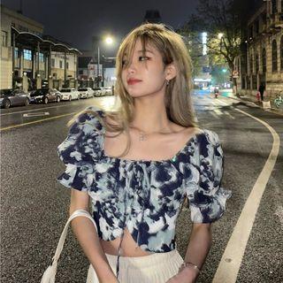 Puff-sleeve Tie Dye Cropped Blouse Gray & Dark Gray - One Size