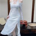Cold-shoulder Side-slit Midi A-line Dress