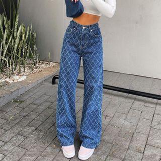Rhombus Check Pattern Straight-leg Jeans
