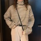Color-block Striped High-neck Knit Top