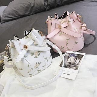 Embroidered Faux Leather Bucket Bag