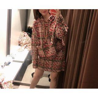 Set: Long-sleeve Hooded Check Top + A-line Skirt