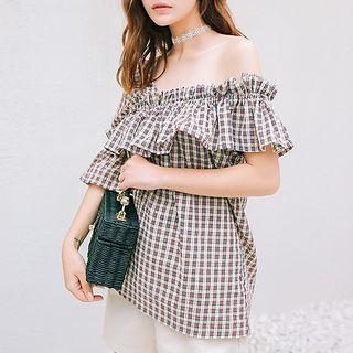 Asymmetric Elbow-sleeve Ruffle Plaid Blouse