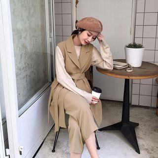 Buttoned Tie-waist Long Vest / Cropped Straight-leg Dress Pants