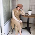 Buttoned Tie-waist Long Vest / Cropped Straight-leg Dress Pants