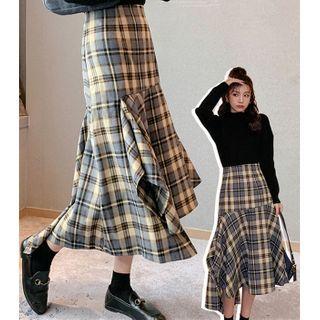 Plaid Asymmetric Hem Mermaid Skirt