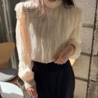 Long-sleeve Mock-neck Lace Blouse Almond - One Size