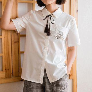 Cat Print Pocket Short-sleeve Shirt With Tassel