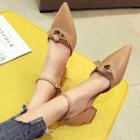 Bow-accent Faux Leather Pointed Block Heel Pumps