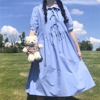 Short-sleeve Tie-strap Midi A-line Dress Blue - One Size