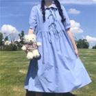 Short-sleeve Tie-strap Midi A-line Dress Blue - One Size