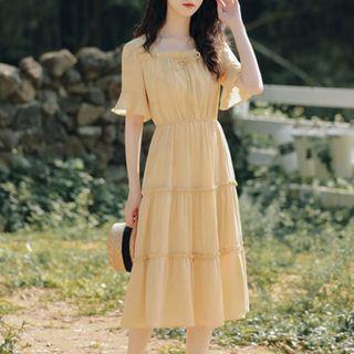 Short-sleeve Square Neck Frill Trim Midi A-line Dress