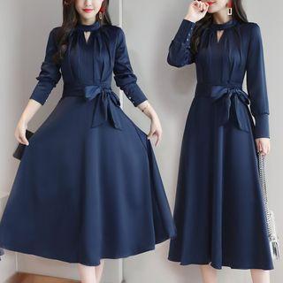 Long Sleeve Mock Neck Cutout Tie-waist Dress