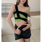 Asymmetrical One-shoulder Camisole Top Black & Green - One Size