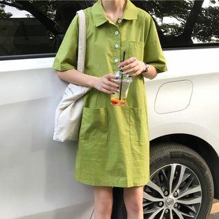 Pocketed Elbow Sleeve Shirt Dress