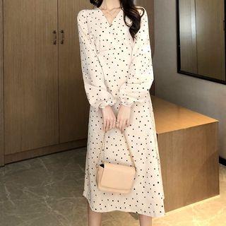 Heart Long-sleeve Midi A-line Dress Almond - One Size