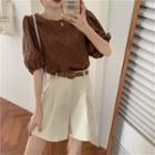 Puff-sleeve Perforated Blouse / Shorts
