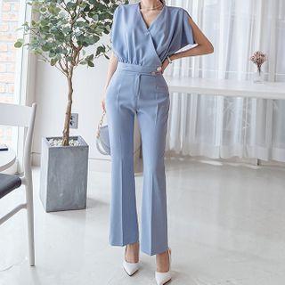 Set: Cap-sleeve Wrap Blouse + Boot-cut Dress Pants