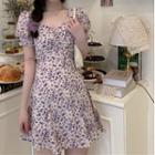 Floral Print Square-neck Puff-sleeve Dress