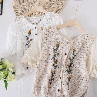Short-sleeve Flower Embroidered Pointelle Knit Top