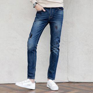 Paint Splattered Patchwork Straight-cut Jeans