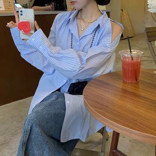 Long-sleeve Striped Oversized Shirt Light Blue - One Size