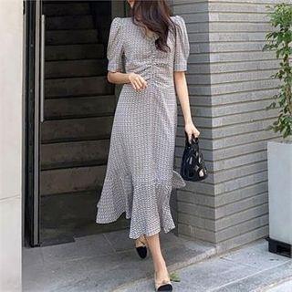 Shirred-front Ruffle-hem Patterned Dress