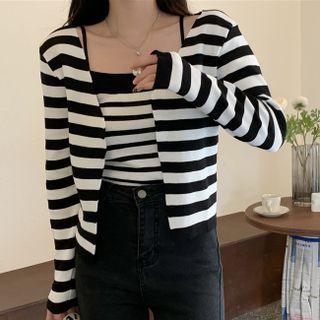 Set : Striped Camisole Top + Long-sleeve Striped Cardigan