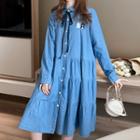 Long-sleeve Embroidered Midi A-line Shirt Dress Blue - One Size